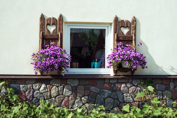 window with carved doors and with flower pots on the facade of t