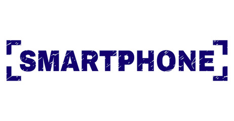 SMARTPHONE text seal stamp with distress texture. Text caption is placed between corners. Blue vector rubber print of SMARTPHONE with dust texture.