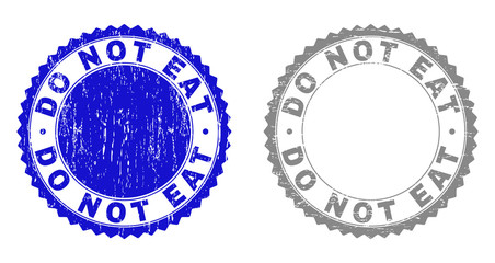 Grunge DO NOT EAT stamp seals isolated on a white background. Rosette seals with grunge texture in blue and grey colors. Vector rubber stamp imprint of DO NOT EAT label inside round rosette.