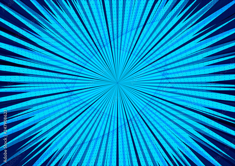 Poster abstract comic blue background for style pop art design. retro burst template backdrop. light rays e