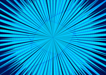 Fototapeta premium Abstract comic blue background for style pop art design. Retro burst template backdrop. Light rays effect. Vintage comic book style, halftone modern print texture, vector.