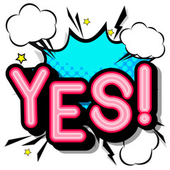 Yes- retro  popart style lettering with shadows on a white background.