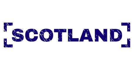 SCOTLAND text seal print with distress texture. Text caption is placed between corners. Blue vector rubber print of SCOTLAND with scratched texture.