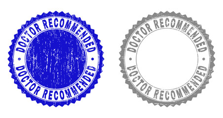 Grunge DOCTOR RECOMMENDED stamp seals isolated on a white background. Rosette seals with grunge texture in blue and gray colors.