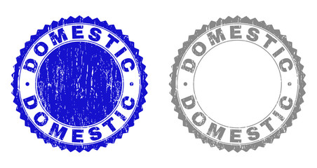 Grunge DOMESTIC stamp seals isolated on a white background. Rosette seals with grunge texture in blue and gray colors. Vector rubber watermark of DOMESTIC label inside round rosette.