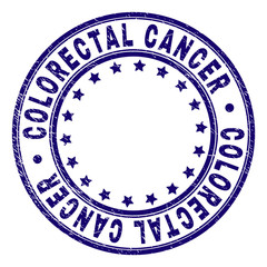 COLORECTAL CANCER stamp seal imprint with grunge texture. Designed with circles and stars. Blue vector rubber print of COLORECTAL CANCER tag with grunge texture.