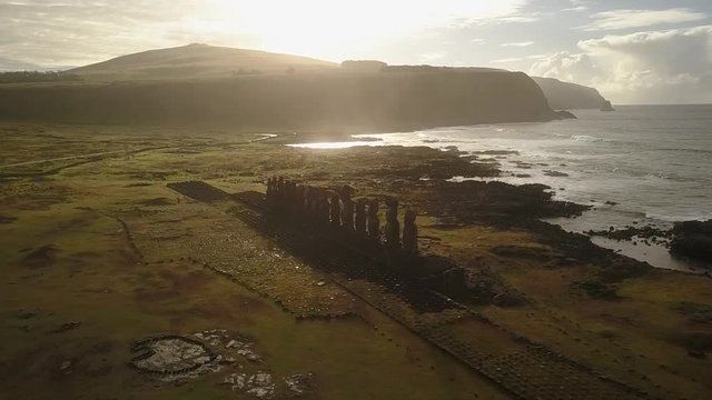 Aerial Footage view from drone over Ahu Tongariki, the most amazing Ahu platform on Easter Island. 15 moais still stand up at the south east of the Island. Ahu Tongariki reveals the Moais magic 4/5