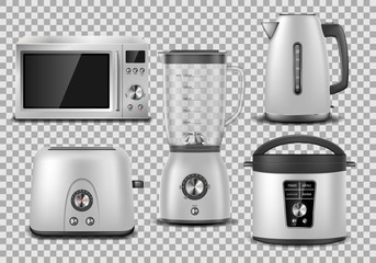Kitchen appliances. Realistic microwave, kettle, blender, oven, juicer, toaster, multicooker silver mockup. Set of household appliance vector illustration.