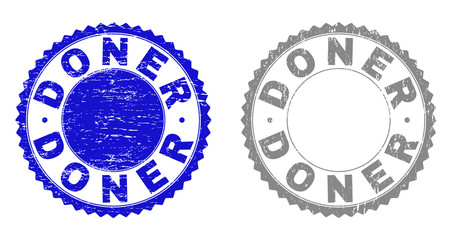 Grunge DONER stamp seals isolated on a white background. Rosette seals with grunge texture in blue and grey colors. Vector rubber stamp imitation of DONER label inside round rosette.