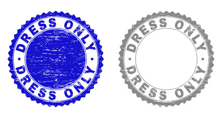 Grunge DRESS ONLY stamp seals isolated on a white background. Rosette seals with grunge texture in blue and gray colors. Vector rubber stamp imitation of DRESS ONLY caption inside round rosette.