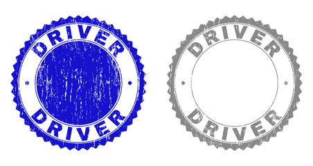 Grunge DRIVER stamp seals isolated on a white background. Rosette seals with grunge texture in blue and gray colors. Vector rubber watermark of DRIVER text inside round rosette.