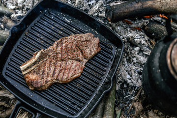 Beef steak on cast iron skillet with empty space for text 