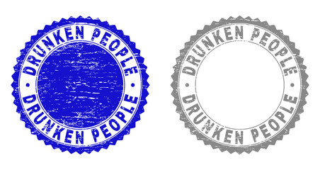 Obraz premium Grunge DRUNKEN PEOPLE stamp seals isolated on a white background. Rosette seals with grunge texture in blue and grey colors. Vector rubber stamp imprint of DRUNKEN PEOPLE tag inside round rosette.