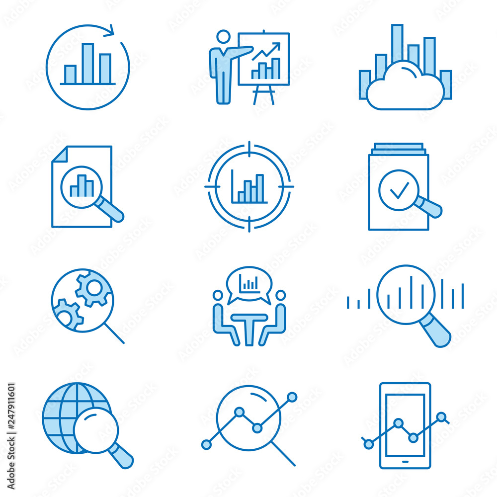 Poster data analysis flat line icon set. vector illustration. editable stroke.