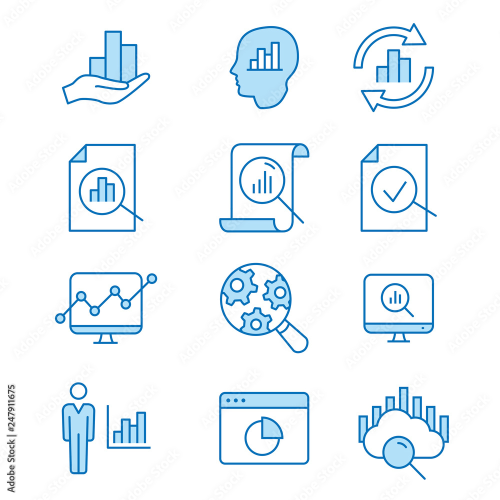 Sticker Data analysis flat line icon set. Vector illustration. Editable stroke.