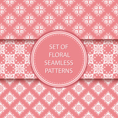Fototapeta premium Floral seamless patterns compilation. White designs on pink backgrounds