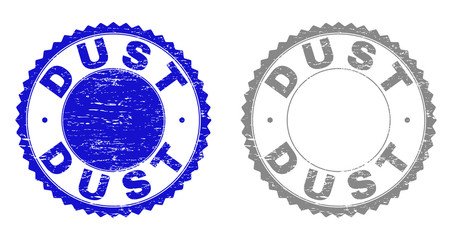 Grunge DUST stamp seals isolated on a white background. Rosette seals with grunge texture in blue and gray colors. Vector rubber stamp imprint of DUST text inside round rosette.