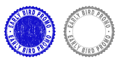 Grunge EARLY BIRD PROMO stamp seals isolated on a white background. Rosette seals with grunge texture in blue and gray colors. Vector rubber overlay of EARLY BIRD PROMO title inside round rosette.