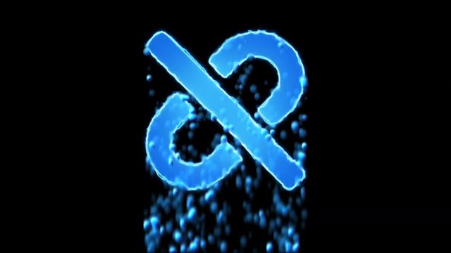 Liquid symbol unlink appears with water droplets. Then dissolves with drops of water. Alpha channel black