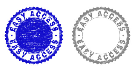 Grunge EASY ACCESS stamp seals isolated on a white background. Rosette seals with grunge texture in blue and gray colors. Vector rubber stamp imprint of EASY ACCESS title inside round rosette.