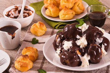 Chocolate profiteroles. 