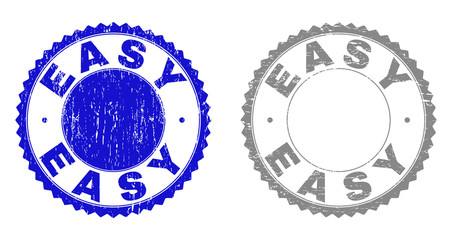 Grunge EASY stamp seals isolated on a white background. Rosette seals with distress texture in blue and gray colors. Vector rubber overlay of EASY caption inside round rosette.