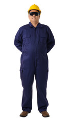 Full body portrait of a worker in Mechanic Jumpsuit isolated on white background
