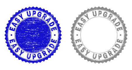 Grunge EASY UPGRADE stamp seals isolated on a white background. Rosette seals with grunge texture in blue and grey colors. Vector rubber stamp imprint of EASY UPGRADE text inside round rosette.