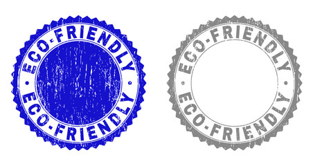 Grunge ECO-FRIENDLY stamp seals isolated on a white background. Rosette seals with distress texture in blue and gray colors. Vector rubber stamp imprint of ECO-FRIENDLY caption inside round rosette.