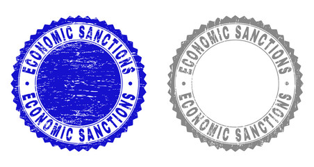 Grunge ECONOMIC SANCTIONS stamp seals isolated on a white background. Rosette seals with grunge texture in blue and grey colors.