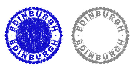 Grunge EDINBURGH stamp seals isolated on a white background. Rosette seals with distress texture in blue and grey colors. Vector rubber stamp imprint of EDINBURGH tag inside round rosette.