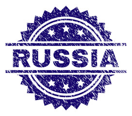 RUSSIA stamp seal watermark with distress style. Blue vector rubber print of RUSSIA title with corroded texture.