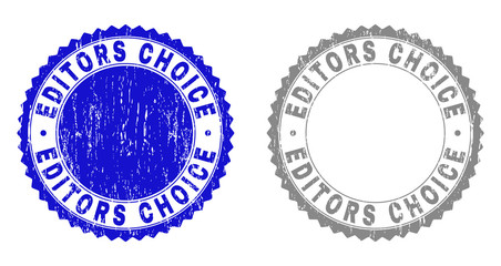 Grunge EDITORS CHOICE stamp seals isolated on a white background. Rosette seals with grunge texture in blue and grey colors. Vector rubber stamp imprint of EDITORS CHOICE title inside round rosette.