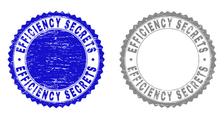 Grunge EFFICIENCY SECRETS stamp seals isolated on a white background. Rosette seals with grunge texture in blue and grey colors.