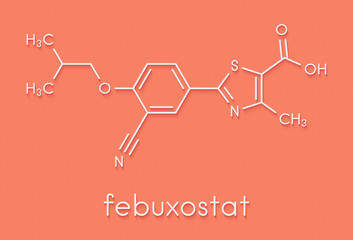 Febuxostat gout drug molecule (xanthine oxidase inhibitor). Skeletal formula.