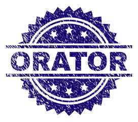 ORATOR stamp seal watermark with distress style. Blue vector rubber print of ORATOR tag with dirty texture.