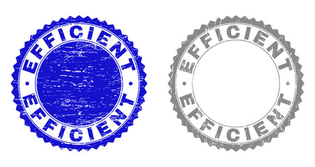 Grunge EFFICIENT stamp seals isolated on a white background. Rosette seals with grunge texture in blue and gray colors. Vector rubber stamp imitation of EFFICIENT text inside round rosette.