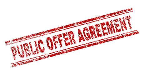PUBLIC OFFER AGREEMENT seal print with grunge texture. Red vector rubber print of PUBLIC OFFER AGREEMENT title with retro texture. Text title is placed between double parallel lines.