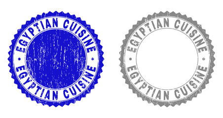 Grunge EGYPTIAN CUISINE stamp seals isolated on a white background. Rosette seals with grunge texture in blue and grey colors. Vector rubber stamp imprint of EGYPTIAN CUISINE tag inside round rosette.