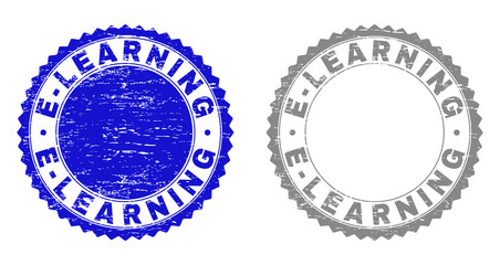 Grunge E-LEARNING stamp seals isolated on a white background. Rosette seals with distress texture in blue and gray colors. Vector rubber overlay of E-LEARNING tag inside round rosette.