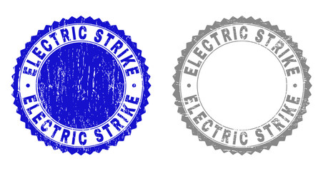 Grunge ELECTRIC STRIKE stamp seals isolated on a white background. Rosette seals with grunge texture in blue and grey colors. Vector rubber stamp imprint of ELECTRIC STRIKE tag inside round rosette.