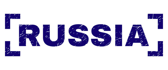 RUSSIA text seal imprint with corroded texture. Text label is placed inside corners. Blue vector rubber print of RUSSIA with dust texture.