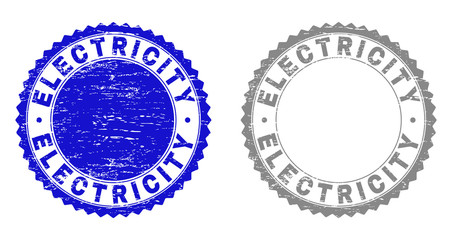 Grunge ELECTRICITY stamp seals isolated on a white background. Rosette seals with grunge texture in blue and grey colors. Vector rubber watermark of ELECTRICITY label inside round rosette.