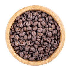 Coffee beans in wooden bowl isolated on white. Top view.