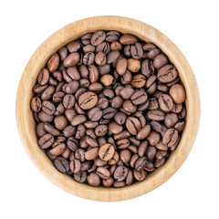Fototapeta premium Coffee beans in wooden bowl isolated on white. Top view.