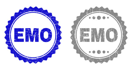 Grunge EMO stamp seals isolated on a white background. Rosette seals with grunge texture in blue and grey colors. Vector rubber overlay of EMO tag inside round rosette.