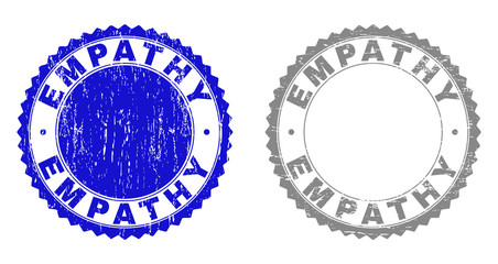 Grunge EMPATHY stamp seals isolated on a white background. Rosette seals with grunge texture in blue and grey colors. Vector rubber overlay of EMPATHY caption inside round rosette.