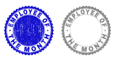 Obraz premium Grunge EMPLOYEE OF THE MONTH stamp seals isolated on a white background. Rosette seals with grunge texture in blue and gray colors.
