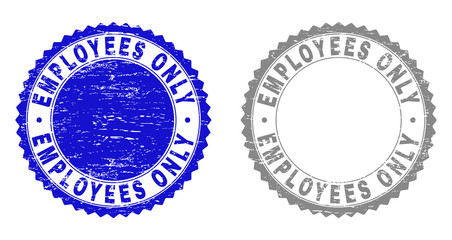 Grunge EMPLOYEES ONLY stamp seals isolated on a white background. Rosette seals with grunge texture in blue and grey colors. Vector rubber stamp imitation of EMPLOYEES ONLY text inside round rosette.