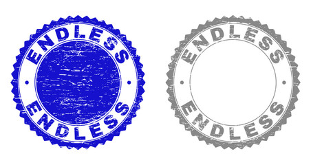 Grunge ENDLESS stamp seals isolated on a white background. Rosette seals with grunge texture in blue and gray colors. Vector rubber stamp imitation of ENDLESS caption inside round rosette.